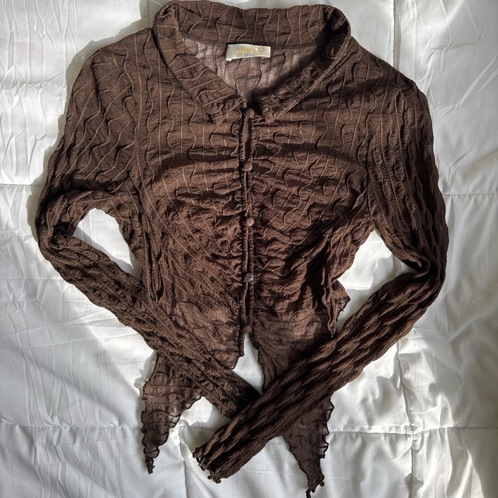 Brown Ruched Long-Sleeve Women's Top